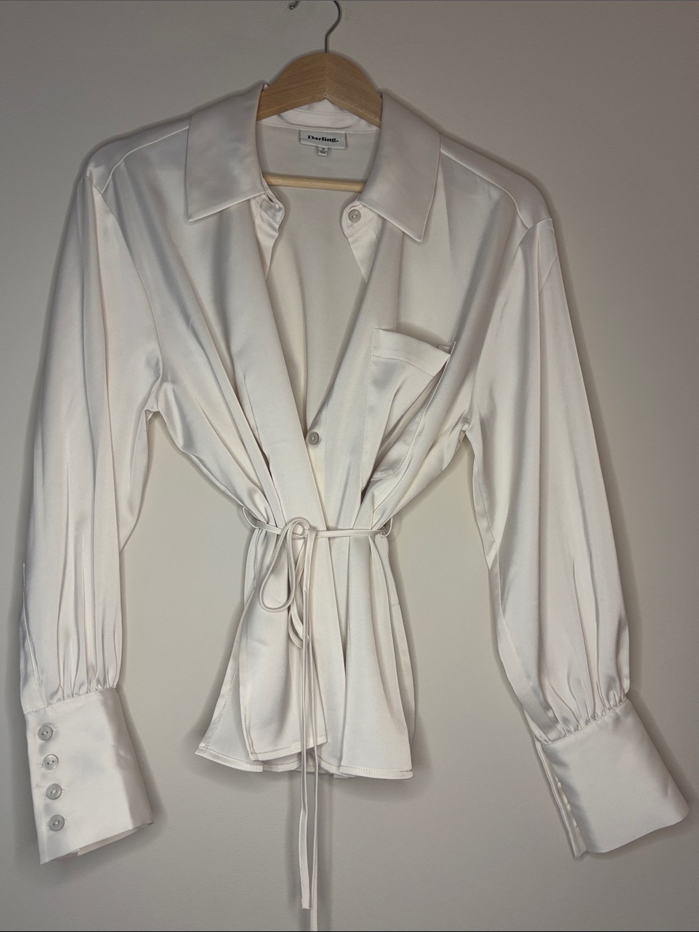 Darling Cream Satin Tie Waist Button Down Blouse - Picture 2 of 3